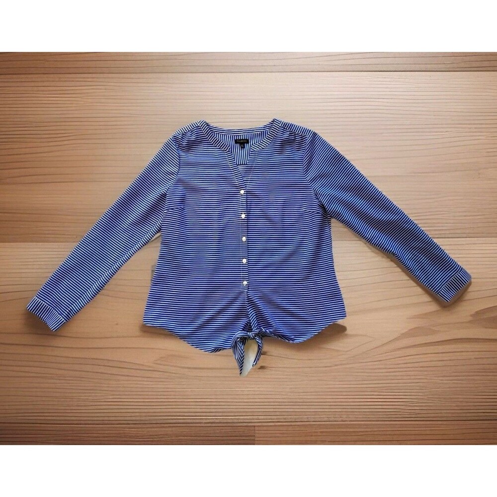 Talbots Womens Size Medium Tie Front Button Up Blouse Blue Striped Collarless